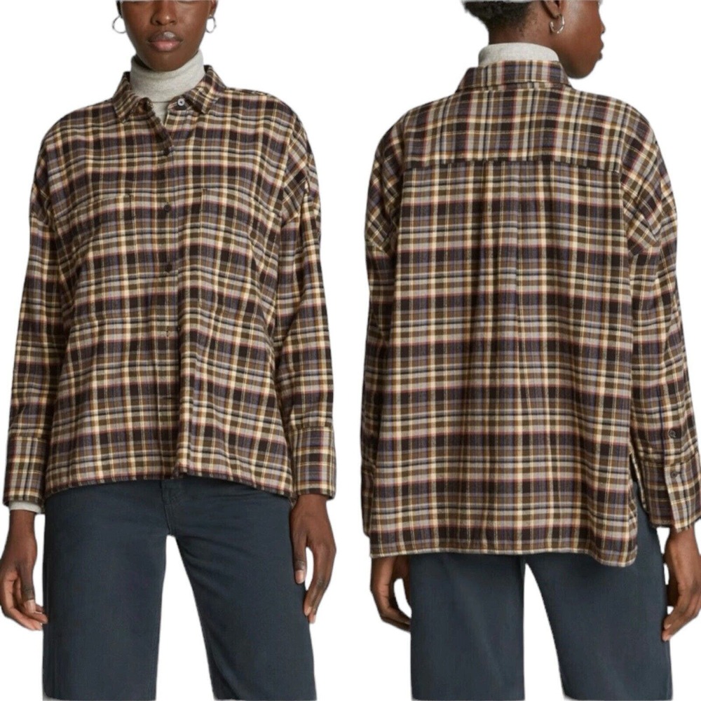 NWT Everlane Soft Brushed Flannel Brown Plaid Boxy Button Up Shirt Sz XS